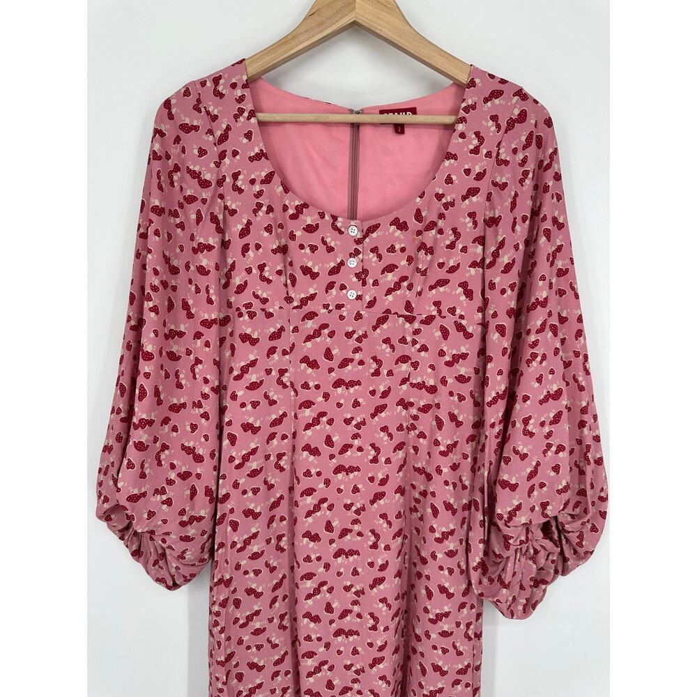 STAUD Lara Mushroom Print Midi Dress Scoop Neck Balloon Sleeve Ruffle Novelty - Picture 7 of 14